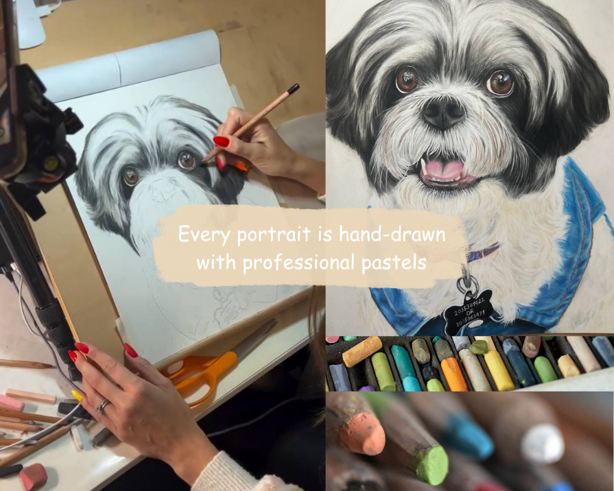 Hand-Drawn Framed Pastel Pet Portrait 9.5” x 7” with Museum Glass